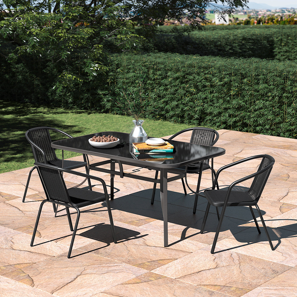 Set of 5 Garden 150CM Rectangle Glass Umbrella Table and Stackable Chairs Set