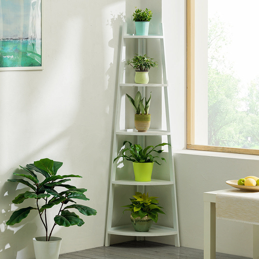 5 Tier Modular Bamboo Corner Ladder Shelf Plant Stand Rustic Storage