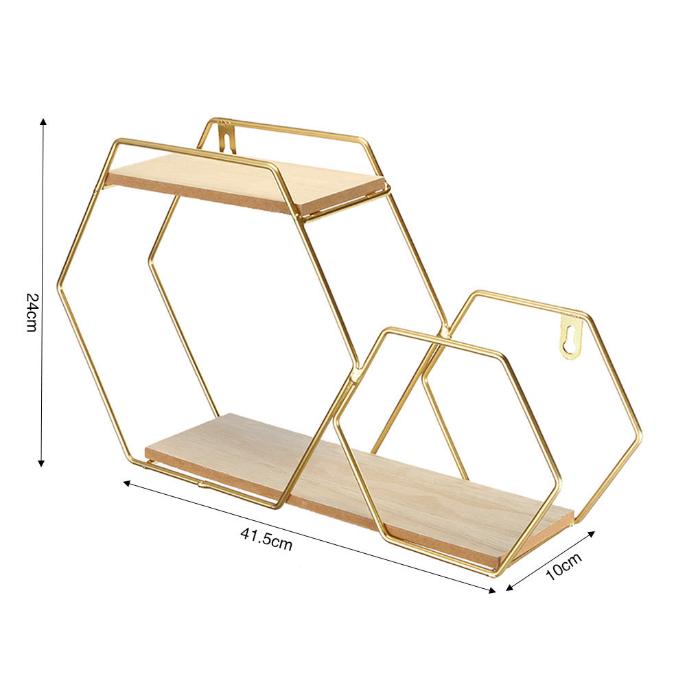 Dual Hexagonal Floating Wall Mounted Shelf Metal Space Saving Decor