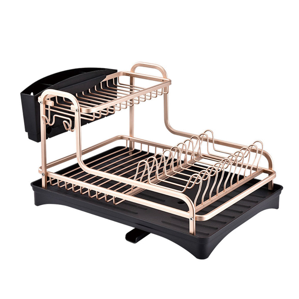 2 Tier Aluminum Dish Storage Rack with Cutlery Holder Drain Hole