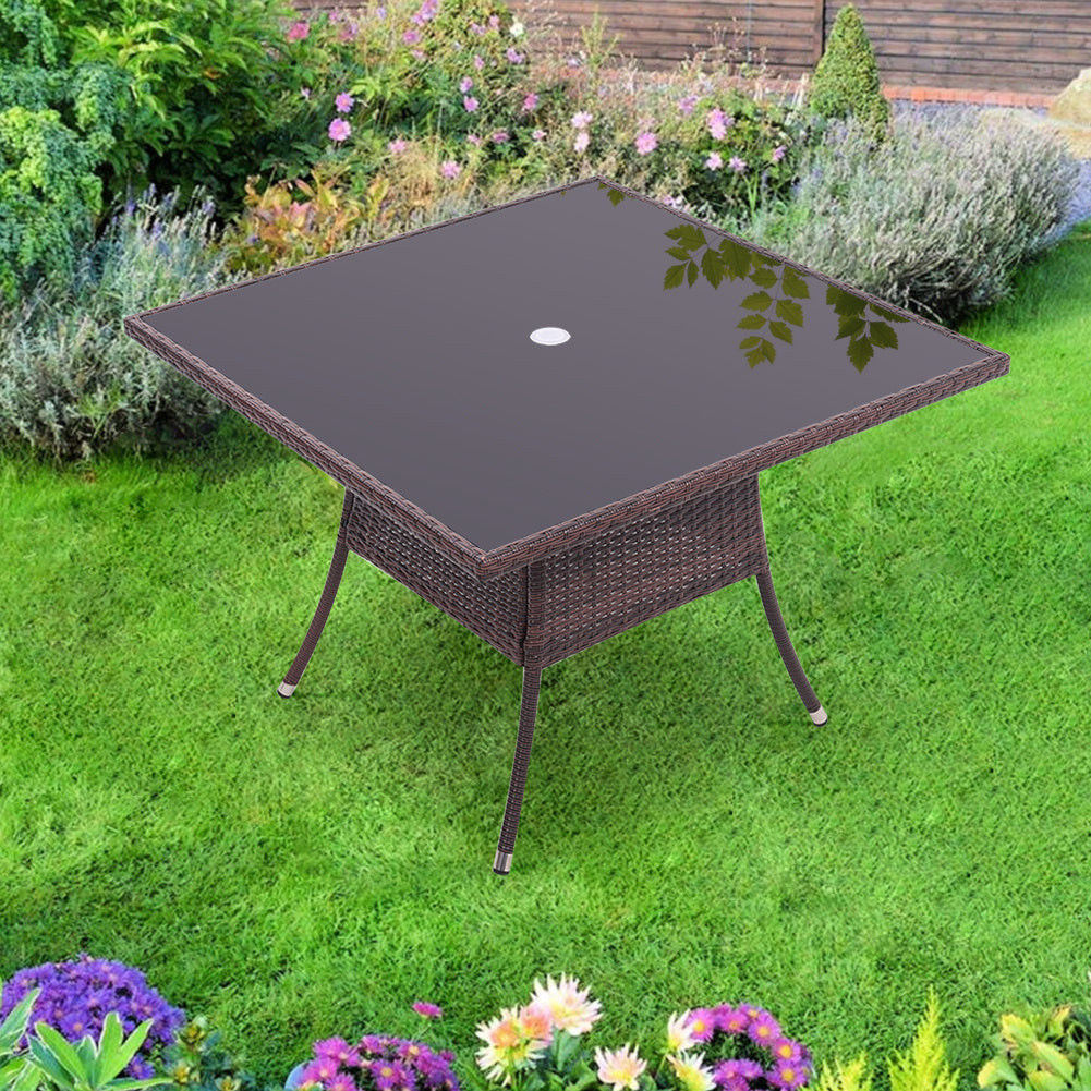 105CM Patio Garden Square Rattan Glass Table With Umbrella Hole Brown