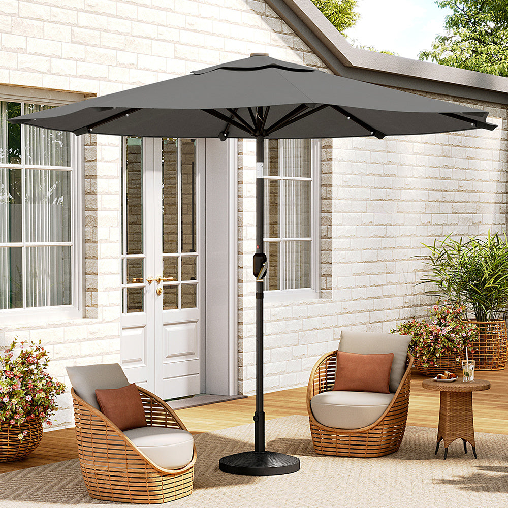 3M Large Garden LED Parasol Outdoor Beach Umbrella with Light Sun Shade Crank Tilt with 14KG Round Base, Dark Grey