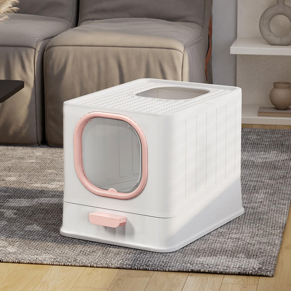 Pink Enclosed Folding Cat Litter Box Toilet with Scoop