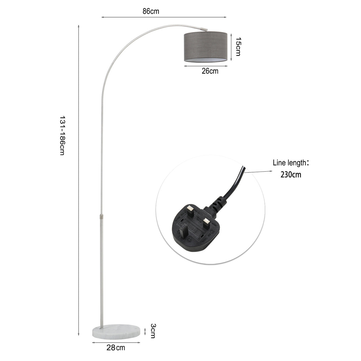High Adjustable Arched Floor Lamp with Marble Base Cloth Lampshade, Grey