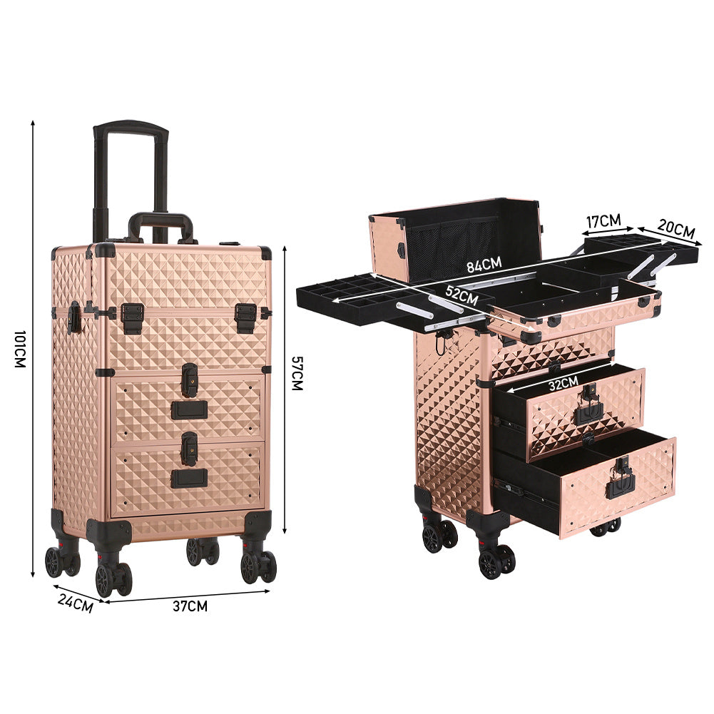 Aluminum 3 in 1 Cosmetic Trolley Case Beauty case on Wheels,Rose Gold
