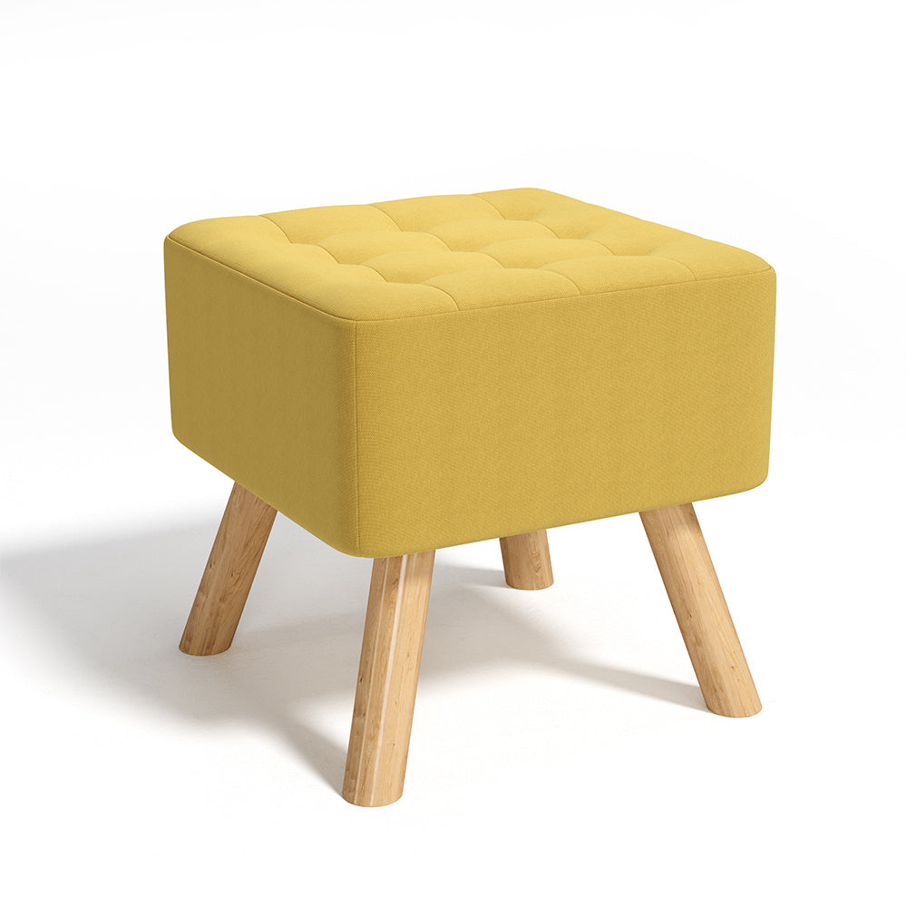 Yellow Square Linen Upholstered Footstool with Wooden Legs