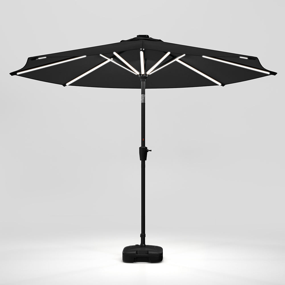3M Large Garden LED Parasol Outdoor Beach Umbrella with Light Sun Shade Crank Tilt with Square Base, Gark Grey
