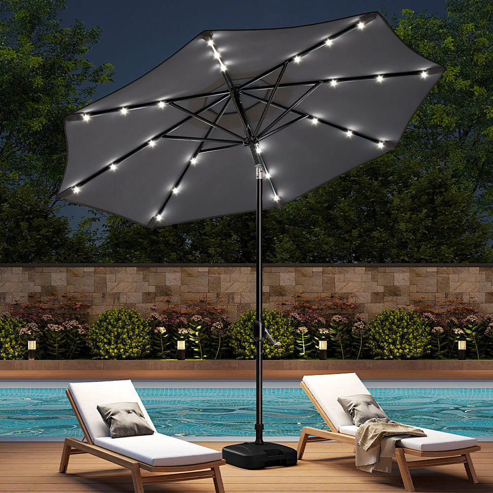 3M Large Garden LED Parasol Outdoor Beach Umbrella with Light Sun Shade Crank Tilt with Square Base, Dark Grey