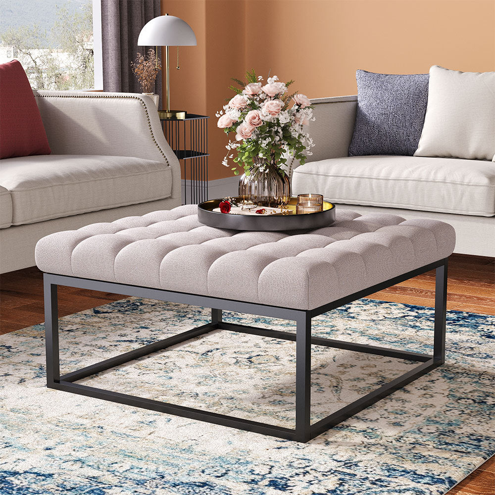 Square Linen Footstool with Metal Frame