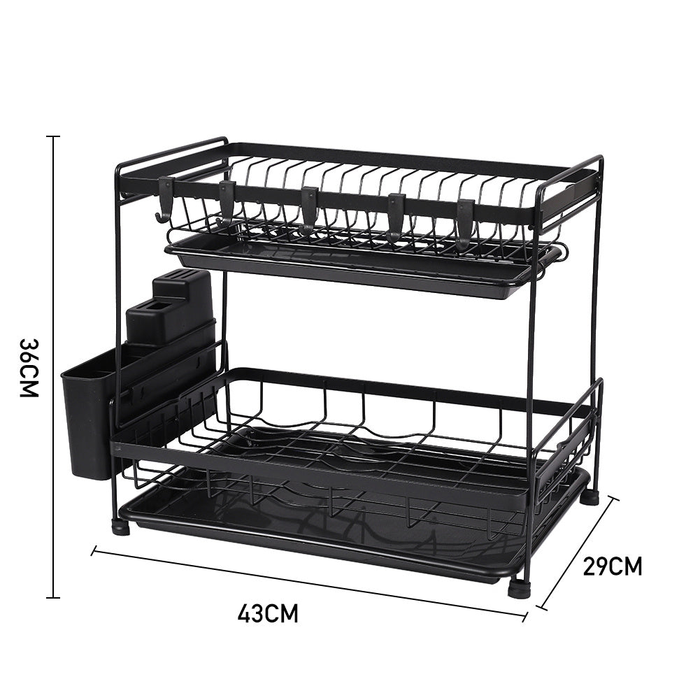Black 2 Tier Dish Drying Rack with Drainboards