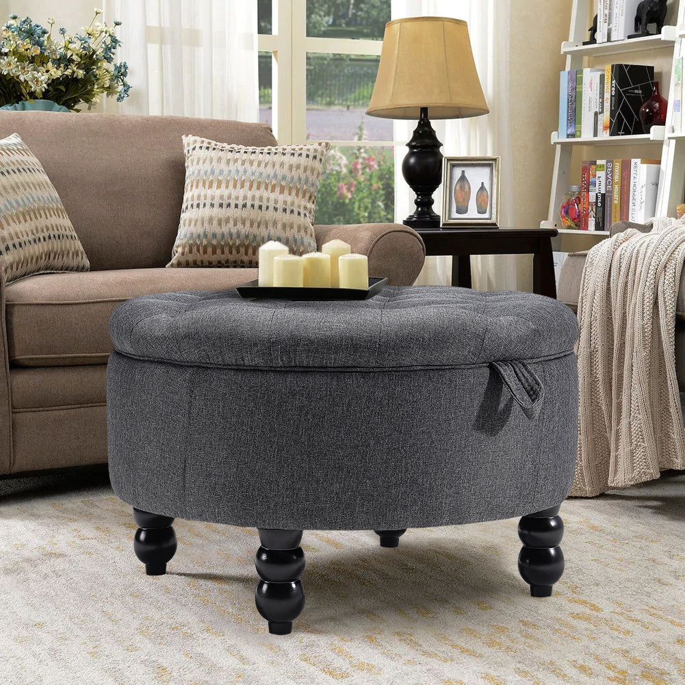 Linen Buttoned Ottoman Storage Footstool , Grey
