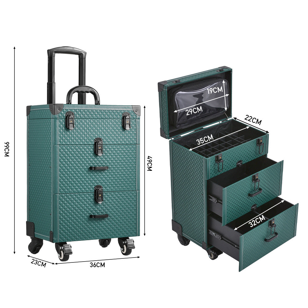 3in1 Cosmetic Trolley Case Beauty case Rolling Makeup Case on Wheels,Green
