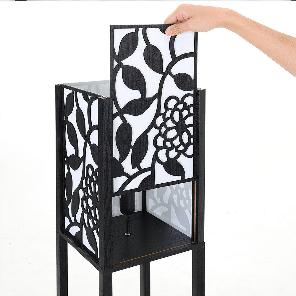 3 in 1 Wooden and Linen Floor Lamp with Shelves,Black Vines