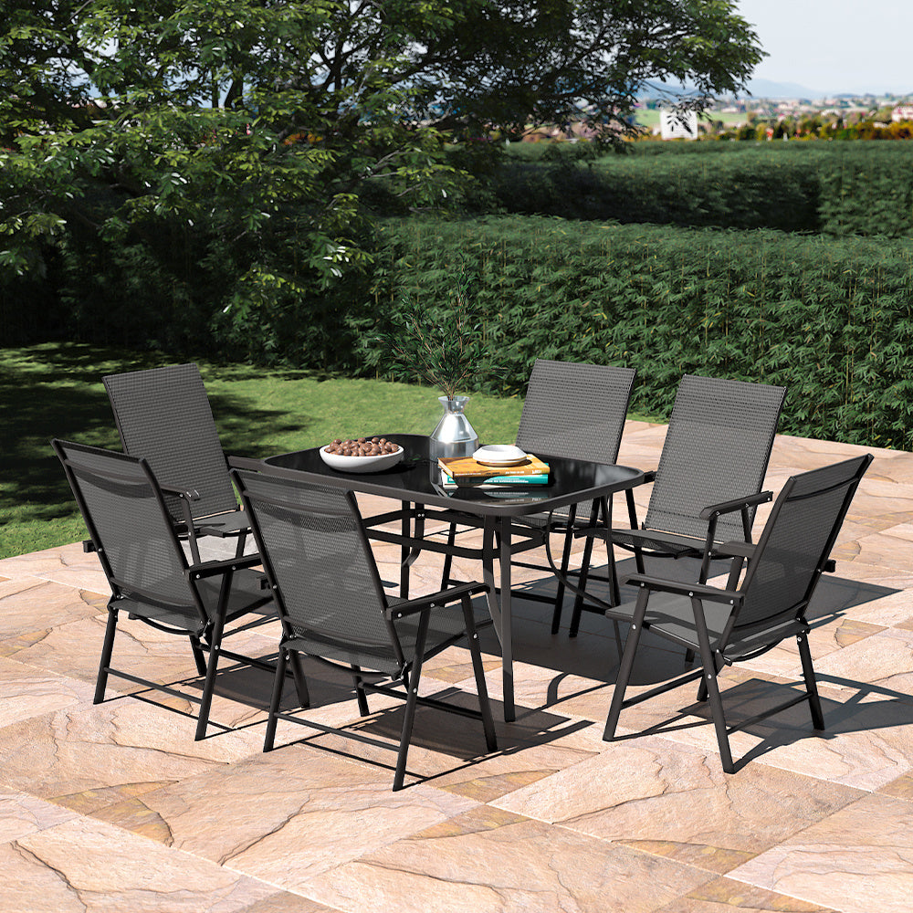 Black Set of 7 Garden 120CM Rectangle Glass Umbrella Table and Folding Chairs Set