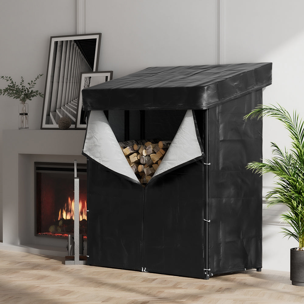 Grey 185cm Garden Metal Tube Firewood Rack with Roof