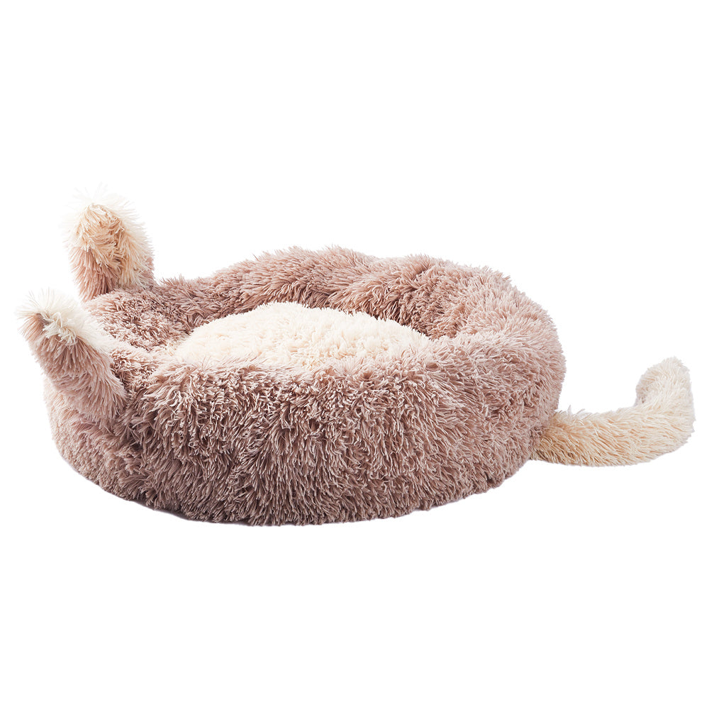 Light Brown 60cm Round Plush Pet Dog Cat Bed with Cute Ears