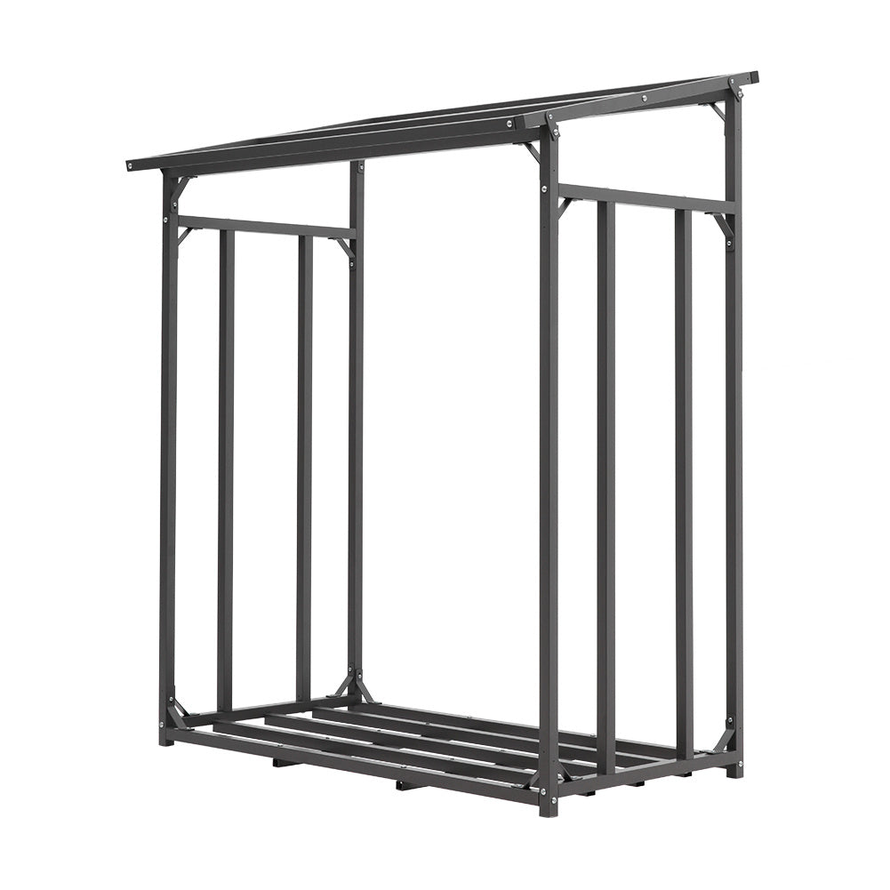 Grey 185cm Garden Metal Tube Firewood Rack with Roof