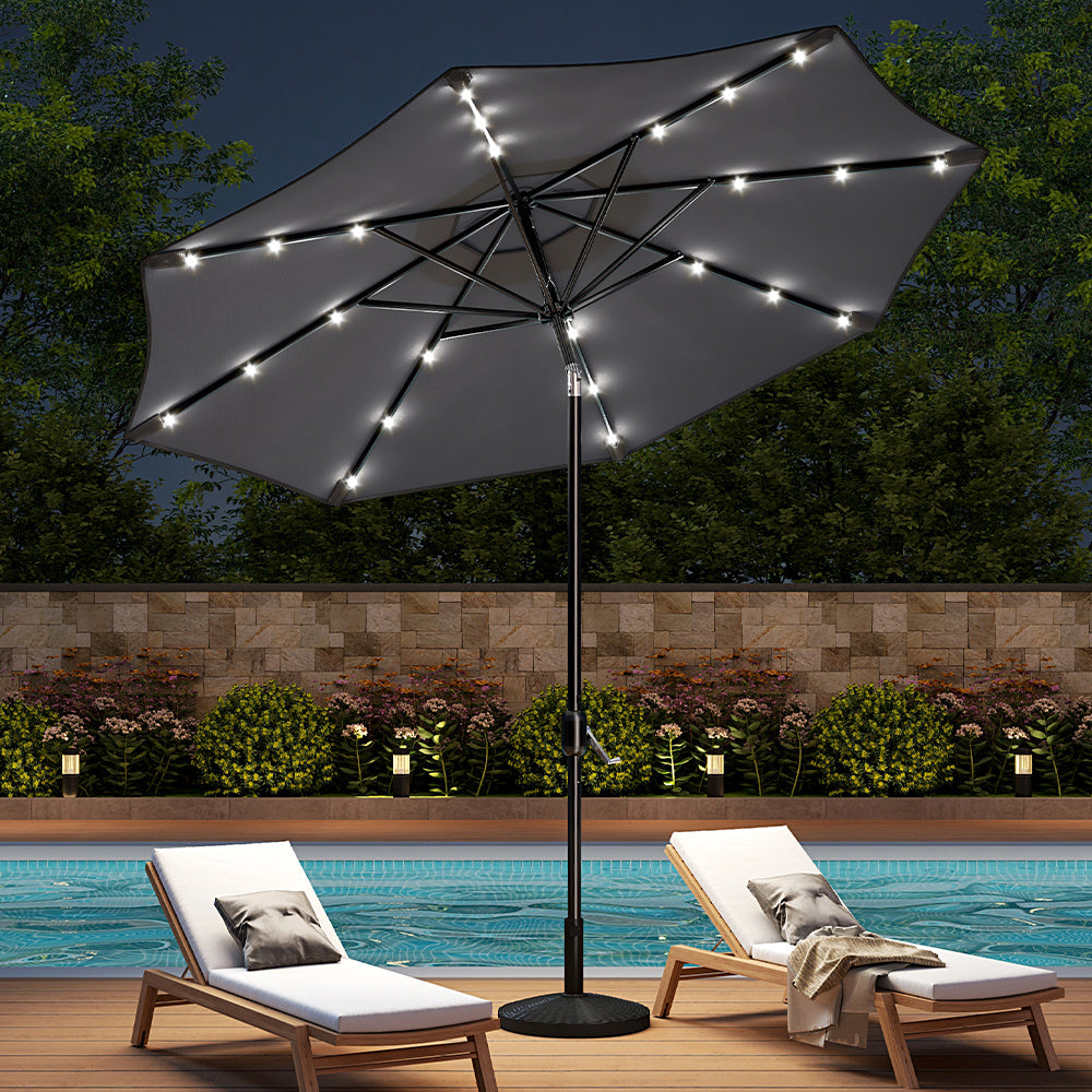 3M Large Garden LED Parasol Outdoor Beach Umbrella with Light Sun Shade Crank Tilt with 14KG Round Base, Dark Grey