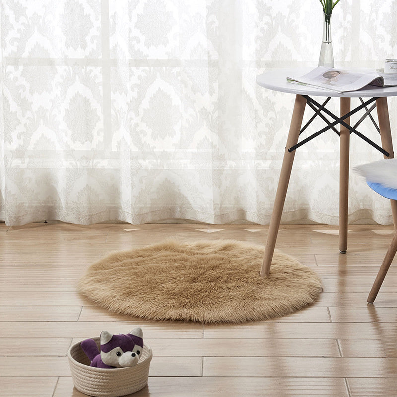 Khaki Round Soft Shaggy Polyester Indoor Decor Carpet Diameter 90cm