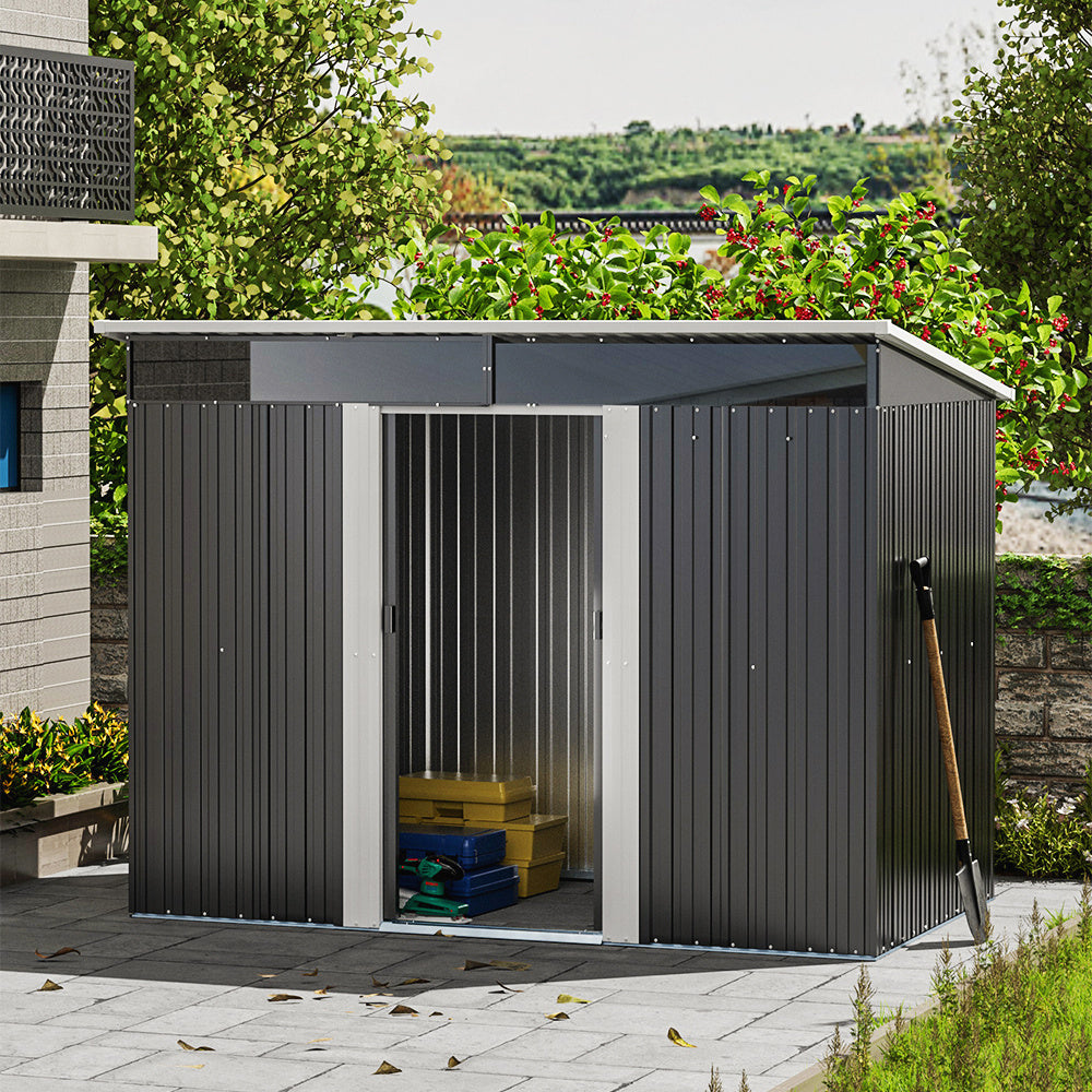 Black Garden Metal Storage Shed with Lockable Sliding Doors