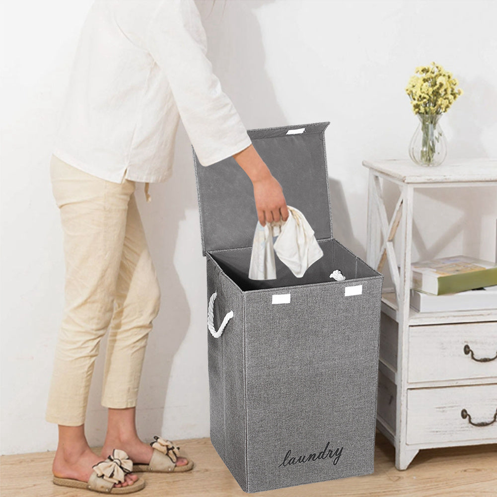 Grey Lidded Foldable Laundry Hamper Linen Fabric with Handles