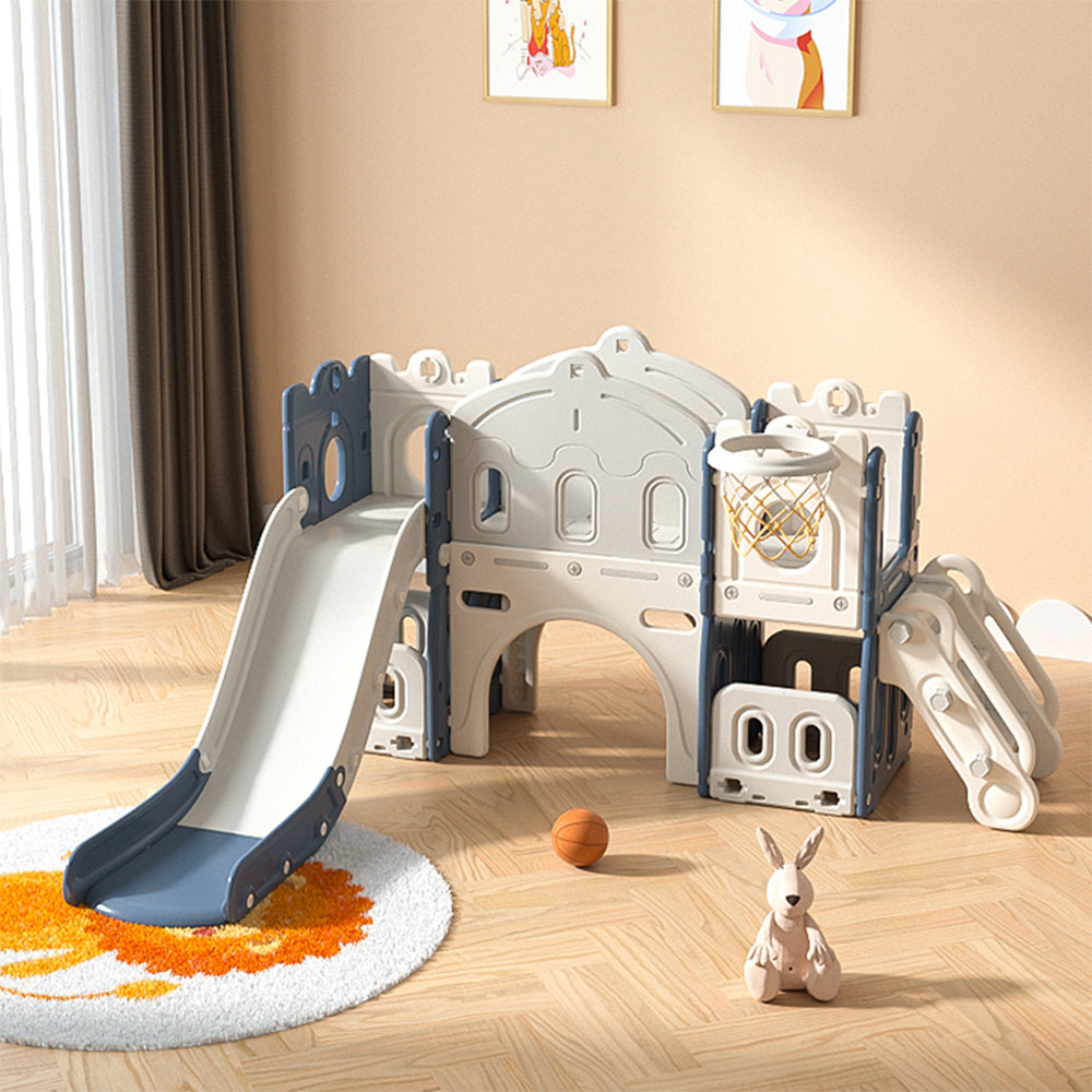 Kids Playset with Slide Basketball Hoop Indoor Playground,Blue