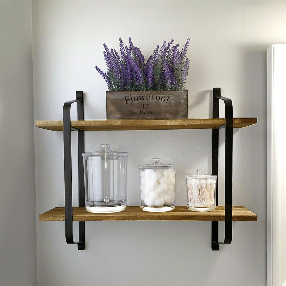 2 Tier Industrial Wall Floating Shelf Rustic Pine Wood Storage