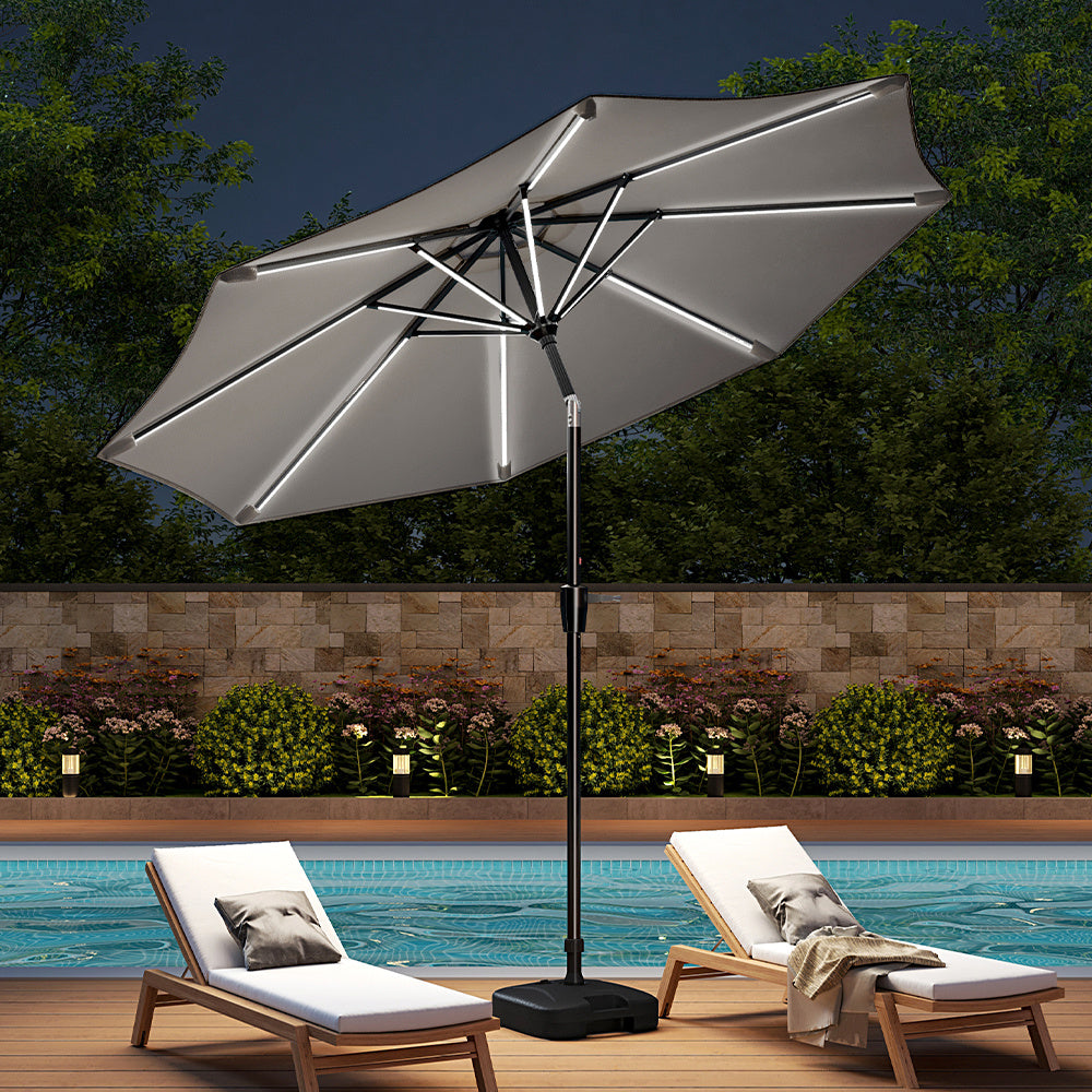 3M Light Grey Large Garden LED Parasol Outdoor Beach Umbrella with Light Sun Shade Crank Tilt with Square Base