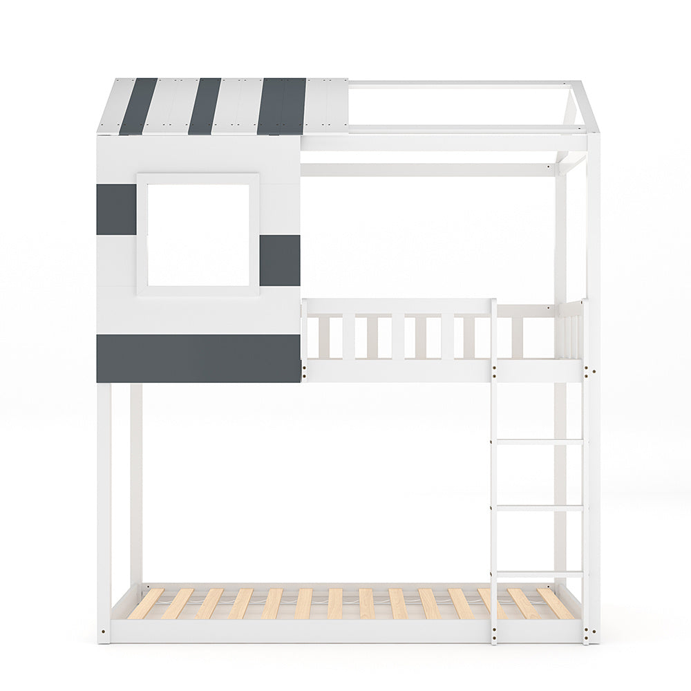 Modern Kids House Bunk Bed Solid Pine Twin Safe Guard Rails