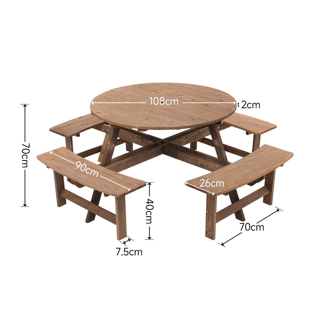 8 Person Round Wood Picnic Table and Bench Set