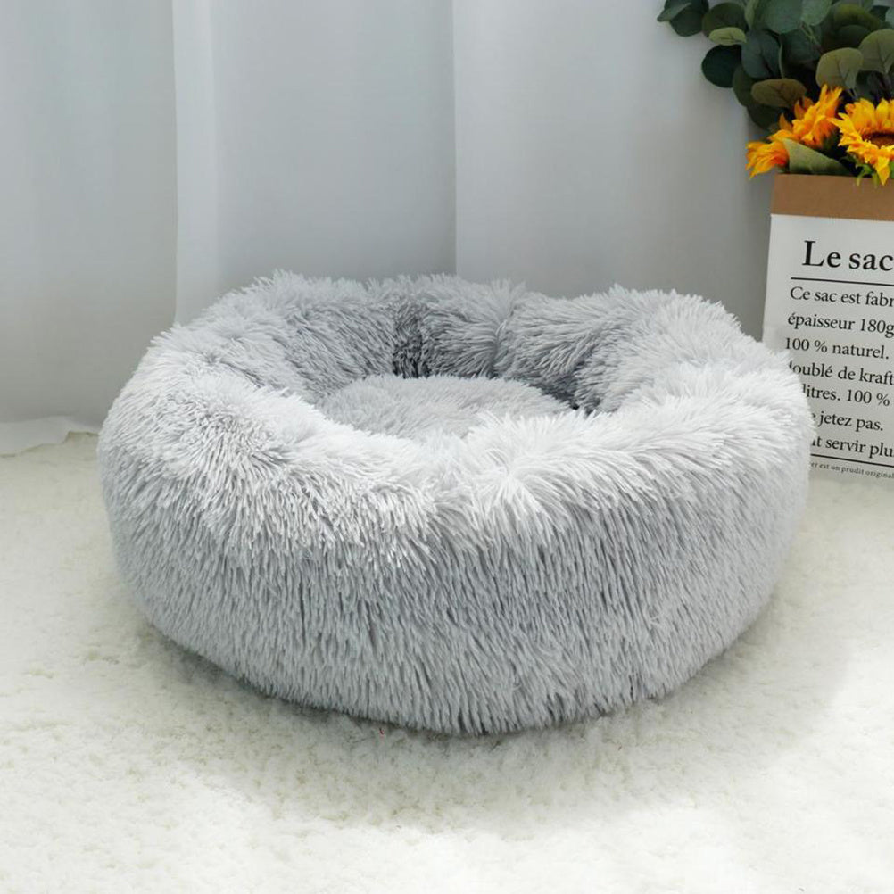 Grey Round Donut Plush Dog Cuddler Bed