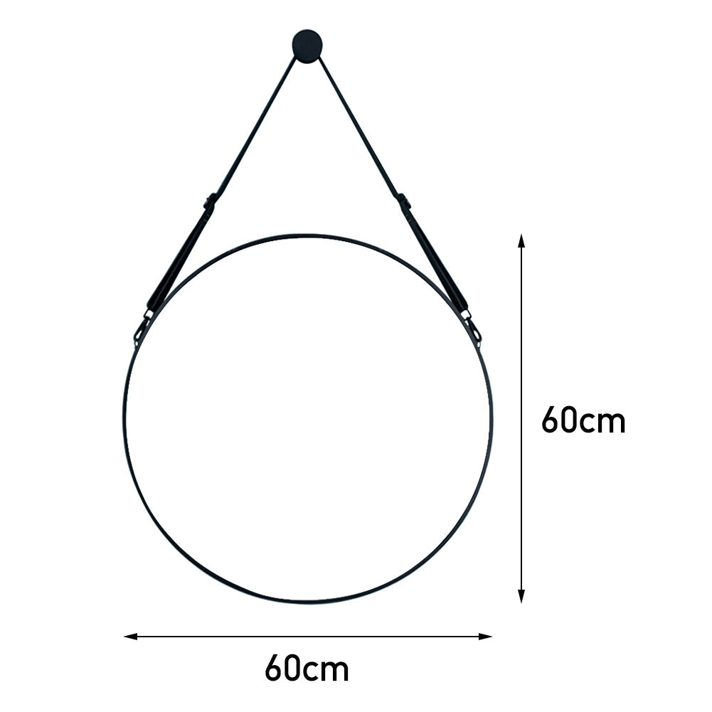 Modern Round Hanging Mirror with Adjustable Leather Strap, Black 60CM