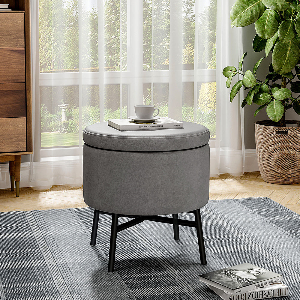 Grey Velvet Storage Ottoman with Lift-Up Lid and Metal Base