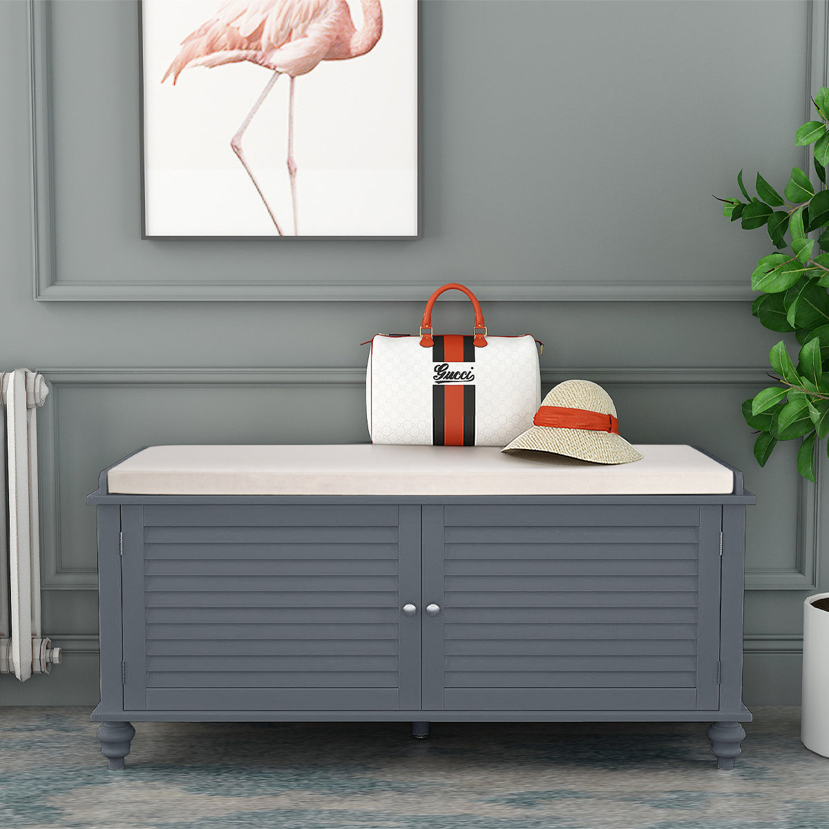 Grey Shutter Door Shoe Cabinet Storage Bench