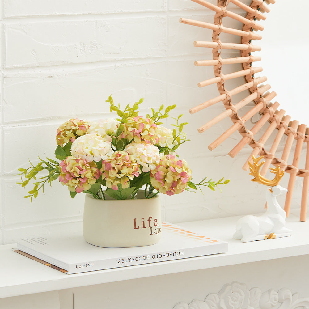 17CM Artificial Fake Flower with Ceramic Pot, White and Green