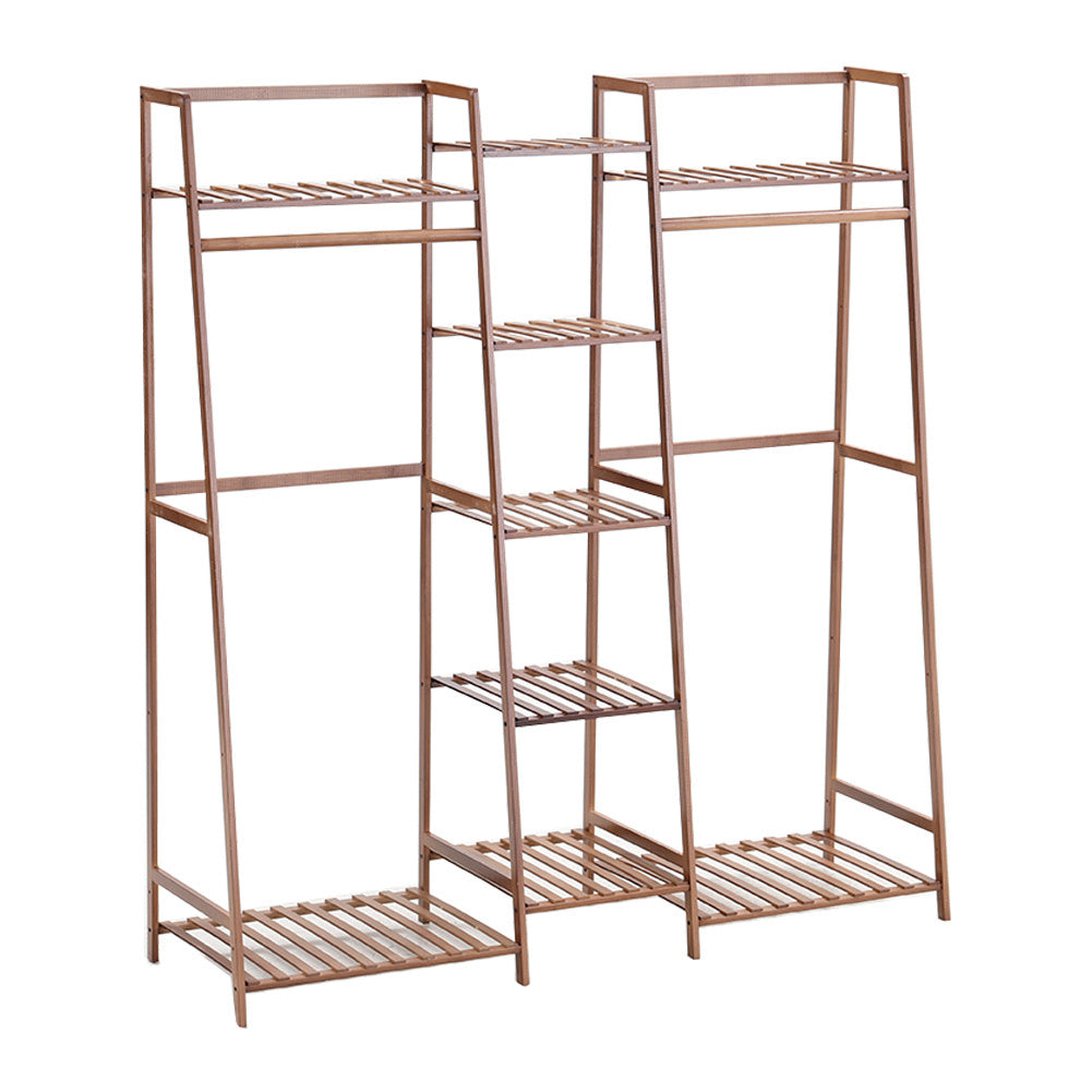 Brown Bamboo Trapezoid Storage Shelves Clothes Hanging Rack