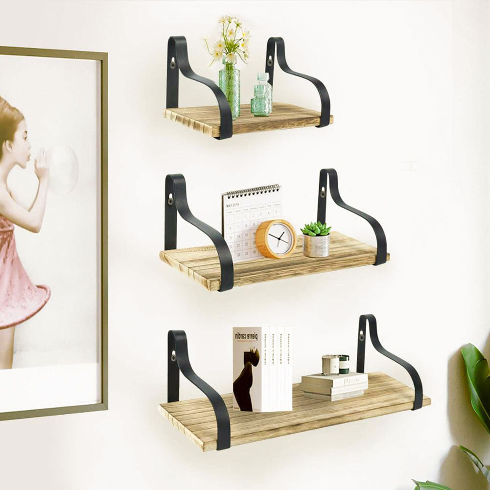 Set of 3 Floating Industrial Wood Metal Wall Shelf Storage Unit