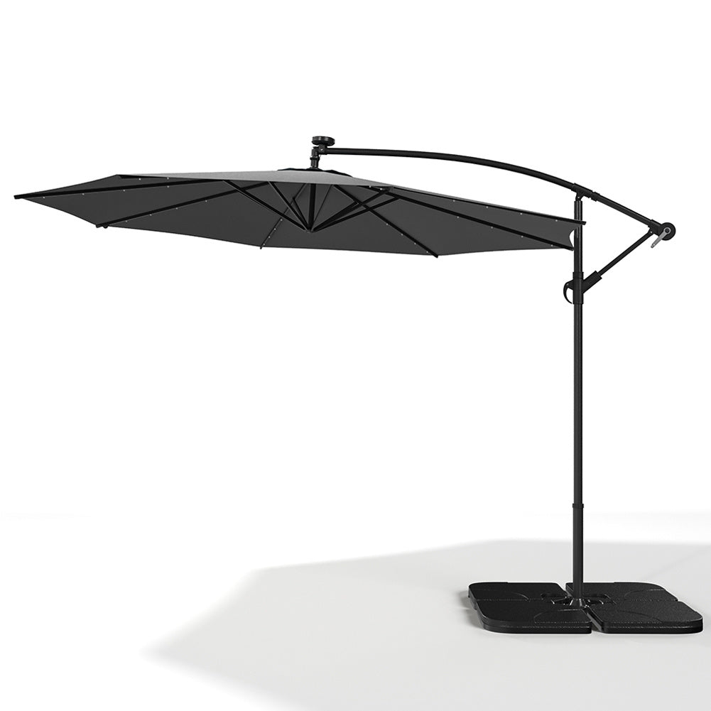 3M Large Garden Hanging LED Parasol Cantilever Sun Shade Banana Umbrella with Cross Base, Dark Grey