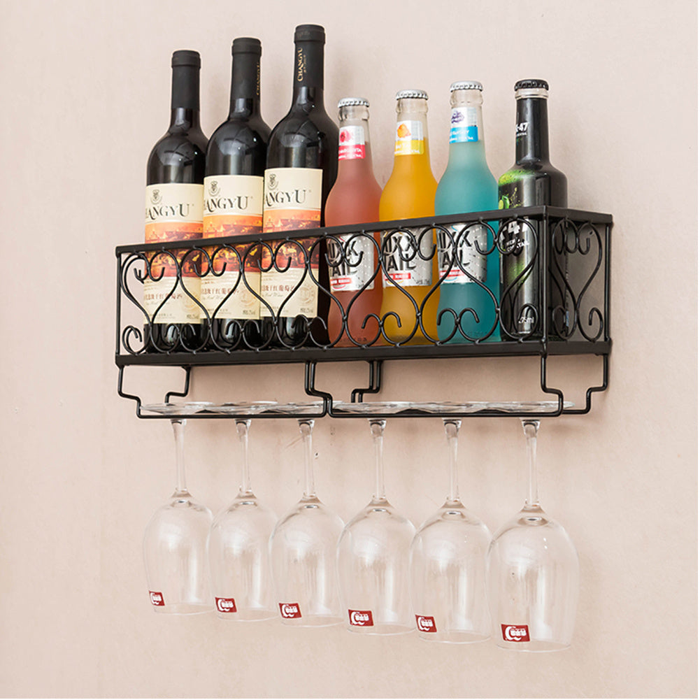50CM Wall Mounted Metal Wine Glass Rack Drink Bottle Storage Display Shelf, Black