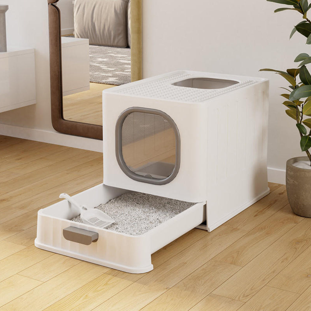 Grey Enclosed Folding Cat Litter Box Toilet with Scoop