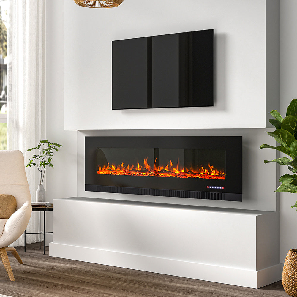 Black 60 Inch Wall Mounted LED Electric Fireplace with 9 Flame Colours