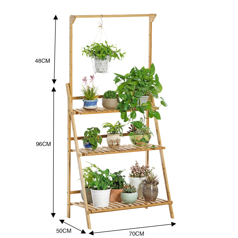 3 Tier Ladder Foldable Plant Stand with Hanging Bar, Wood