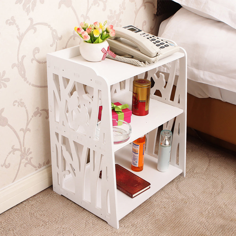 White Tree Bird Design Bedside Table Nightstand with 2 Storage Shelves