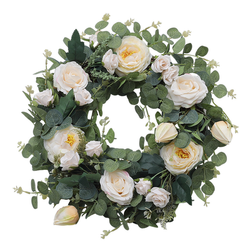 40cm Green Artificial Camellia Eucalyptus Wreath