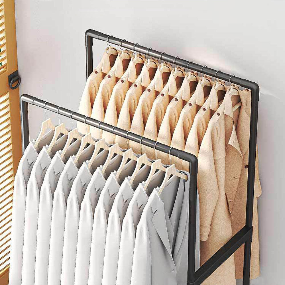 Double Rod Metal Clothes Rack with Laundry Basket