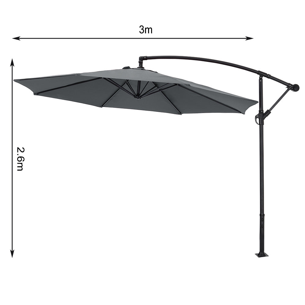 Garden 3M Dark Grey Banana Parasol Cantilever Hanging Sun Shade Umbrella Shelter with Square Base