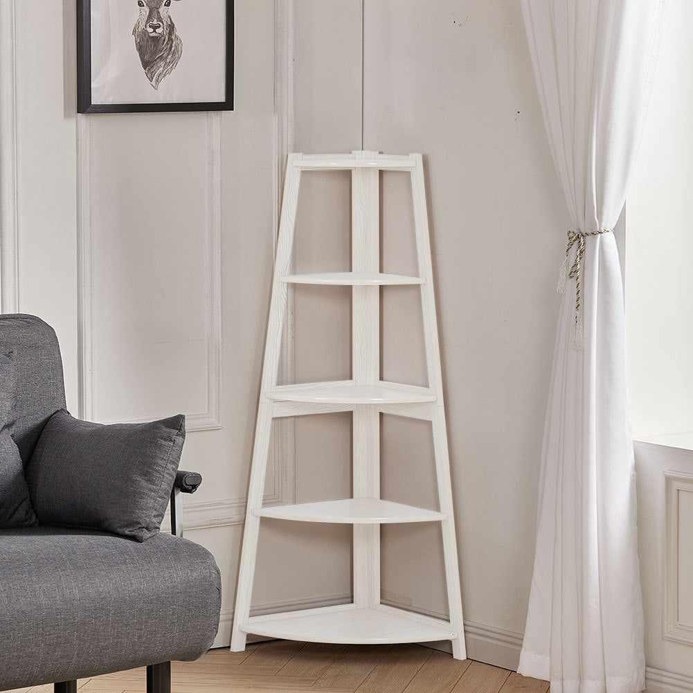 White 5 Tier Ladder Shaped Corner Shelf Rack Bookcase