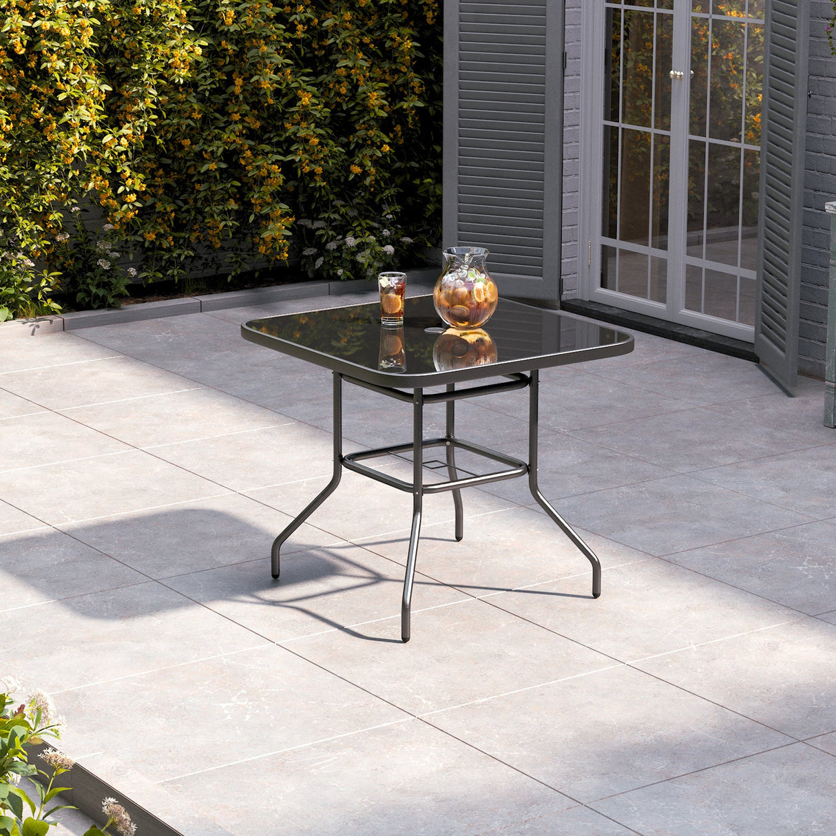 80CM Garden Glass Top Table With Umbrella Hole, Square