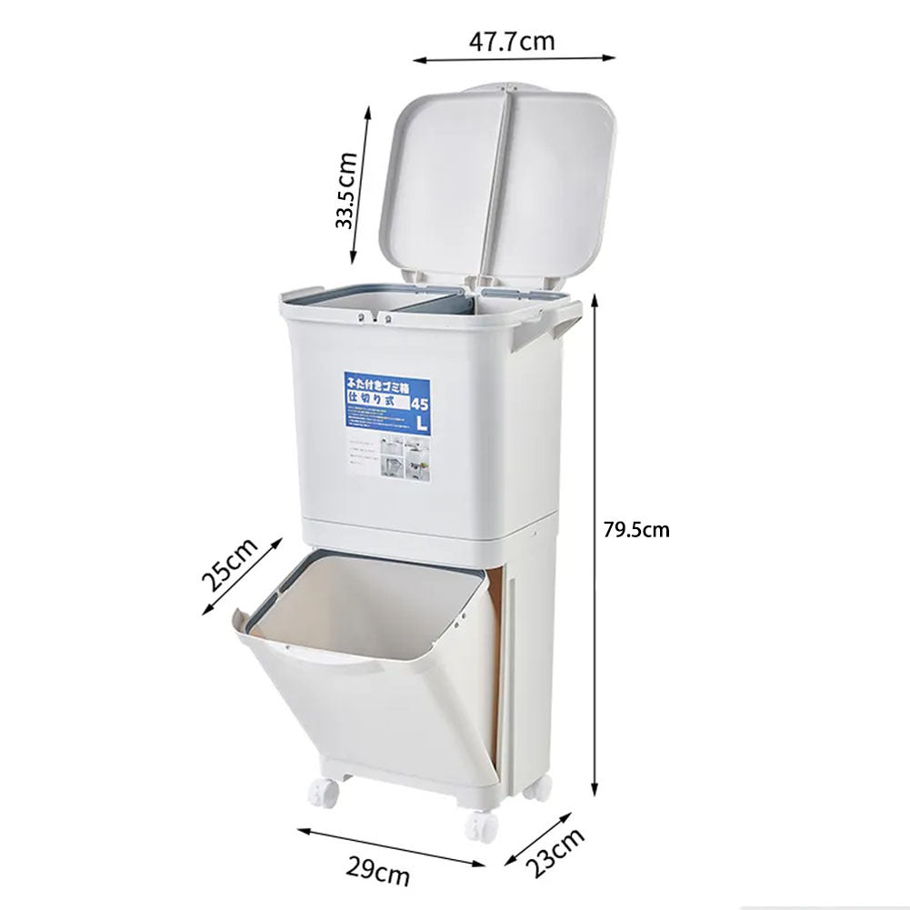 White Double-Layer Three-Compartment Trash Can with Wheels
