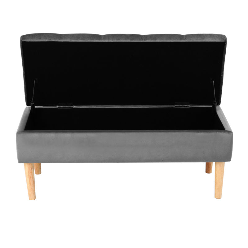 100CM Grey Velvet Storage Ottoman Footstool Rubber with Wooden Leg